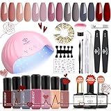 Modelones UV Nagellack Set, Shellac Set Starterset mit Lampe 48W, Gel Nagellack UV Set 7 Farben Nude Rot Rosa Grau Gelnägel Starterset mit Base Top Coat und Bonding Primer Gelnägel Set Starterset