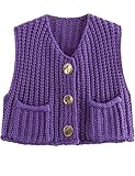 AICHARMWA Damen Grobstrick-Weste Knopfleiste Casual Ärmellos Cropped Crochet Sweater Cardigan mit Taschen, Violett, Groß