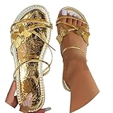 Damen-Sandalen im Bohemian-Stil, elegante glitzernde Schmetterlings-Hausschuhe, rutschfest, offene Zehen, bequeme, flache Wanderschuhe, für Beruf, Urlaub, Sommer, Strand, Slider, rückenfrei, gold, 39