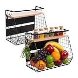 Relaxdays Obstkorb Wandregal 2er Set, Küchenorganizer magnetisch, HBT: 30x35,5x21 cm, Gitterkorb Metall, schwarz/Natur