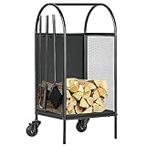 Outsunny Brennholzwagen mit Rädern, Kaminholzablage, Kaminholzhalter, mit Zubehör, Schaufel, Besen und Schürhaken, Feuerstelle, innen außen, 37,5 x 37,5 x 80 cm schwarz