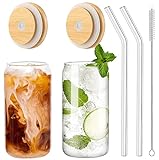 Panngu Bubble Tea Becher mit Deckel und Strohhalm 2er Set, Trinkgläser mit Bambusdeckel und Glasstrohhalm Eiskaffee Gläser für Ice Coffee, Cocktail, Smoothie Glas, Beer, Cold Cups 480ML