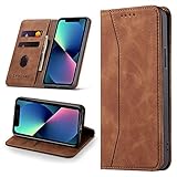 Leaisan Handyhülle für iPhone 13 Mini Hülle Premium Leder Flip Klappbare Stoßfeste Magnetische [Standfunktion] [Kartenfächern] Schutzhülle für iPhone 13 Mini Tasche - Braun