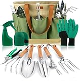 YAUNGEL Gartenwerkzeug Set, 10 Stück Schwerlast Edelstahl Gartenarbeit Kit mit Non-Slip Holzgriff- Garten Geschenke Verpackung für Frauen Männer, Grün