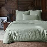 Duquennoy & Lepers – Bettwäsche für Einzelbett, aus Flanell, 100 % Baumwolle, Bettbezug 140 x 200 cm mit Umschlag und 1 Kissenbezug 63 x 63 cm, einfarbig, Grün