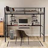 Cenbunsh Hochbett mit Zwei Etagen und integriertem Schreibtisch, Eisenbett mit Fallschutz und Tastaturhalterung, schwarz, 90 x 190 cm, geeignet für Erwachsene, Jugendliche und Kinder