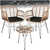 tectake® Outdoor Rattan Sitzgruppe, Möbel für 2 Personen, 3-TLG. Bistroset, Balkonmöbel, Gartenmöbel Set mit 2X Stühle + Tisch, kleine Lounge wetterfest für Garten Balkon Terrasse - Natur