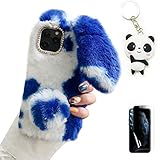 Palizufio Plüsch Kaninchen Hülle Kompatibel mit Samsung Galaxy A15 5G,Niedlich Pelzig Hase Ohren Haarball Weich Flauschige Winter Warm Handyhülle Glitzer Diamant Strass Hülle,Blau Weiß