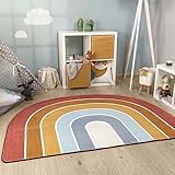 Paco Home Kinderteppich Teppich Kinderzimmer Rund Spielmatte Babymatte Waschbar Bis 30 Grad Sonne Regenbogen Schriftzug Motiv, Grösse:120x160 cm Regenbogen-Form, Farbe:Bunt 5