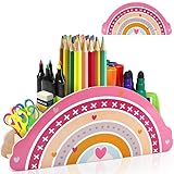 NIEEKRUN Regenbogen Schreibtisch Organizer, Schreibtischorganizer aus Holz, Kinder Holz Stifte Organizer Stifteköcher Stifthalter, Geeignet für Geschenk zu Lehrer, Schüler, kleine Jungen und Mädchen