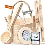 WASSERFELD® Sauna Eimer Set (4 Liter) - Hochwertiger Sauna Eimer mit Kelle, Sanduhr, Thermo- & Hygrometer - Hitzebeständiger Saunakübel 4L inkl. Einsatz & Hanftrageseil - Sauna Zubehör Set