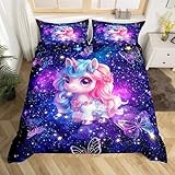 Homewish Mädchen Einhorn Bettbezug Einhorn Blumen Bettwäsche Set 200x200 Sternenhimmel Bett Set Lila Schmetterling Bettbezug Galaxy Zimmer Dekor für Kinder Kinder Jungen