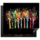 KitchenYeah© Herdabdeckplatte 60x52 cm Einteilig Herdabdeckung Abdeckplatte für Ceranfeld Abdeckung Induktionskochfeld Aufrollbare Matte Löffel - Gewürze - Modern - Graffiti - Farbenfroh