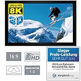 HiViLux® Rahmenleinwand 6cm Rahmenstärke Tuch: HiViWhite Cinema 1,0/8K/4K/3D/auch für UST (16:9 100Zoll Bild:221x124cm)