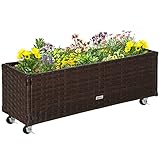 Outsunny Hochbeet Poly Rattan mit Rollen Pflanzkasten mit Abflusslöchern Blumenkasten Blumenkübel Kaffee-Braun 94,5 x 31 x 36 cm