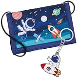 Hestya Kinder Brustbeutel - Dreifach Gefaltete Geldbörse mit Schlüsselanhänger, Portemonnaie zum Umhängen Geschenk für Jungen & Mädchen (Weltraum)