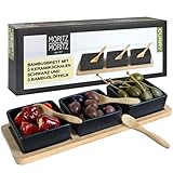Moritz & Moritz 3x Schwarze Dipschalen Set mit Brett Holz - Dip Schälchen für Snacks - Snack Schalen Set Keramik - Dip Schalen Set - Kleine Schüsseln als Saucenschälchen, Snackschalen, Dessertschalen
