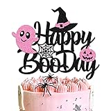 Happy Boo Day Kuchendekoration, rosa und schwarz, Halloween-Kuchendekoration, Halloween-Geist, Hexen, Fledermaus, Spinne, Kürbis, Thema für Kinder, Mädchen, Geburtstag, Babyparty, Partyzubehör