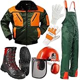 Safetytex Forstschutz Set - 5 teiliges Forstset - KWF geprüft - Schnittschutzhose, Stiefel, Helm, Jacke & Handschuhe - für Sägeschein-Lehrgang