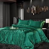 Bettwäsche Set Satin 200x220cm 3teilig Grün Dunkelgrün Silky Touch Glänzend Seide Einfarbig Bettbezug Set Glatt Luxus Bettwäsche Set weicher Doppelbettmit Reissverschluss und Kissenbezüge 80x80cm