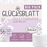 Glücksblatt Toilettenpapier SAMTWEICH mit frischem Blütenduft, 4-lagig, 56 Rollen x 130 Blatt, 100% Zellstoff, superweiches Klopapier mit Glücks-Prägung, WC Papier, Verpackung aus mind. 30% PCR-Anteil