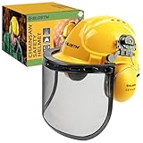 BLOSTM Kettensägen-Sicherheitshelm mit Visier, gelber Kettensägenhelm mit Sicherheitsvisier, integrierten Ohrenschützern und Stahlgittervisier