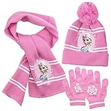 Fro-zen Mütze Schal Handschuhe,3 Stücke Mütze und Schal Kinder Set,Fro-zen Wintermütze Set,Herbst/Winter Mädchen warme gestrickte Mütze mit Wolle Futter Schal Handschuhe, für Mädchen Kinder