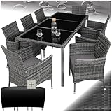 tectake® edles Outdoor Gartenmöbel Set Rattan Sitzgruppe mit Sessel und Tisch für 8 Personen, inkl. Schutzhülle und Polstern, Balkon Möbel wetterfest - grau-meliert/grau