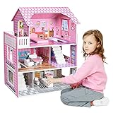 NAIZY Kinder Puppenhaus Holz Haus 70x60x24cm Puppenstube Set Rosa 3 Etagen Playmobil Dollhouse mit Möbeln & Zubehör Puppenvilla DIY Wohnmobil Haus Traumvilla, für Mädchen und Jungen (Typ A)