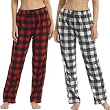 YUSHOW 2er Pack Schlafanzughose Damen Lang Fleece Karierte Pyjamahose Winter Weich Nachtwäsche Pyjama Hose Soft Freizeithose Weihnachts Pyjama mit Kordelzug Rotkariert+Graukariert(2er Pack L