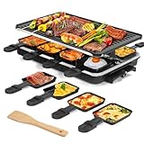 Raclette Grill Tischgrill Indoor Grill Koreanischer BBQ Grill 2 in 1 Elektrische Grillplatte Antihaft mit 8 Raclette Pfännchen und Holzspatel Ideal für Familie und Party Spaß 1300W