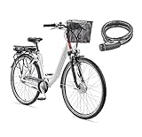 TELEFUNKEN E-Bike 28 Zoll Elektrofahrrad Alu mit 7-Gang Shimano Nabenschaltung, Pedelec Citybike mit Fahrradkorb, 250W und 13Ah, 36V Lithium-Ionen-Akku Multitalent weiß + ‎Sekura Fahrradschloss