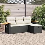 Willood 4-TLG. Garten-Sofagarnitur mit Kissen Poly Rattan Gartenmöbel Gartengarnitur mit Stauraum Schwarz und Creme