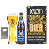 Herz & Heim® Personalisiertes Geschenkset für Männer mit Weißbier 'Man muss auch Bier trinken können' - Weizenglas, Flaschenöffner, Weißbier & Geschenkbox (Erdinger Weißbier alkoholfrei)