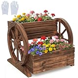 HOMASIS Blumenkasten Holz, Pflanzkübel mit Räder, Pflanzkästen Gartendeko, Hochbeet mit Drainagelöcher & Handschuhe, Blumentopf Pflanzkarre für Garten Balkon Terrasse, Braun (46x44x35cm)