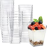 KAHEIGN 50Pcs Mini Desserttasse Dessertbecher, 240ml Dessertschalen Plastik Quadratische Dessertbecher Klare Wiederverwendbare Servierschale für Dessert Pudding Mousse Party (7 x 7 cm)