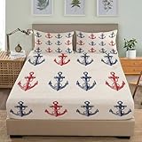 Kinder Erwachsener Spannbettlaken 120x200cm Tiefe Tasche 30cm Marine Anker Druck Weiches Spannbetttuch Atmungsaktiv Licht Bettwäsche für Boxspringbetten mit 2 Kissenbezügen