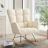 Ckaff Schaukelstuhl, Schaukelsessel Relaxstuhl Gepolsterter Sessel Wohnzimmersessel, Stillsessel Babyzimmer Lesesessel mit Holzkufen, Armlehne für Wohnzimmer Schlafzimmer Balkon, Elfenbeinweiß