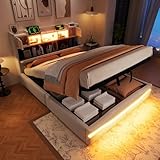 DUlVBPE Polsterbett,140x200cm,mit USB c Steckdose Ladefunktion, ferngesteuerte Ambiente-Lichtleiste unter dem Bett, Kopfteil mit Staufach, Hydraulisch Stauraumbett, ohne Matratze,Mit LED-Leuch,Beige
