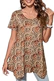 Enmain Tunika Damen Sommer Elegante Braun Longshirt T-Shirt Damen Kurzarm Lässig Tunika große Größen Rundhalsausschnitt Oberteile Blusen, Braun, 2XL