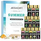 AESHORY Sommer Ätherische Öle Set für Diffuser 12 x 5ML, 100% Naturrein Aromatherapie Duftöl, Aroma Öl Geschenkset für Luftbefeuchter - Bergamotte, Pfefferminze, Zitrone, Limette, Grapefruit, Lavendel