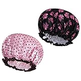 AOOWU Satin Duschhaube, 2 Stück Wasserdichte Elastische Shower Cap, Wiederverwendbare Doppellagige Schlafhaube für Locken Damen und Mädchen Zuhause Hotel Reisen(Rosa+Schwarz)
