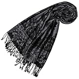 Lorenzo Cana Marken Pashmina Damen Schal Schaltuch Stola Umschlagtuch Naturfaser opulentes Muster in harmonischen Farben mit Fransen schwarz grau 70 cm x 200 cm 78330