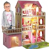 Green series Kinderplay Puppenhaus Holz Groß | Puppenvilla - Traumvilla | Kinder Dollhouse | Led - Licht und Zubehör | Set 90 cm Hoch mit Terrasse, Garage | Puppenhaus ab 2 Jahre | GS0020