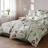 Pure Label Blumen Bettwäsche 4teilig 135x200 cm mit einem 2er Set Kissenbezüge 40x80 cm - Traumhaft weiches Bettwäsche-Sets 135 x 200 cm in grün aus 100% Baumwolle mit YKK Reißverschluss