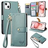 VEEMOS Handyhülle für Apple iPhone 15 Hülle Klappbar Klapphülle Schutzhülle mit Kartenfach RFID Reißverschluss Handy Tasche Leder Flip Case Cover Handytasche Frauen - Grün