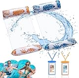 Weeupolfun Aufblasbares Schwimmbett Wasserhängematte, 2 Pcs Tropischer Regenwald Thema Palmblatt Druck Wasserhängematte Blau und Gelb, 4-in-1 Schwebende Luftmatratze für Sommer Partys