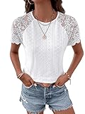 GORGLITTER Spitzenshirt Damen Elegant Tshirt Mit Kontrast Spitze Kurzarm Oberteil Spitzen Top Locker Weiß M