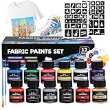 Bateya Textilfarbe Waschmaschinenfest 12x25ml Fabric Paint Permanente Stoffmalfarbe Waschfest Textil Farbe für Klamotten Textilfarben für T-Shirt Schuhe Jeans Tasche Kleidung mit Pinseln Vorlagen
