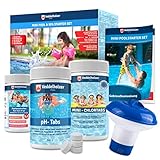 Veddelholzer Mini 4 in 1 Reinigungsset Pool & Spa Poolreiniger, Tester pH, Chlortabletten für Pool 2,7 g, ph minus, Skimmer zur Poolpflege für Anfänger mit Anleitung Perfekte Pool Reinigung & Whirpool